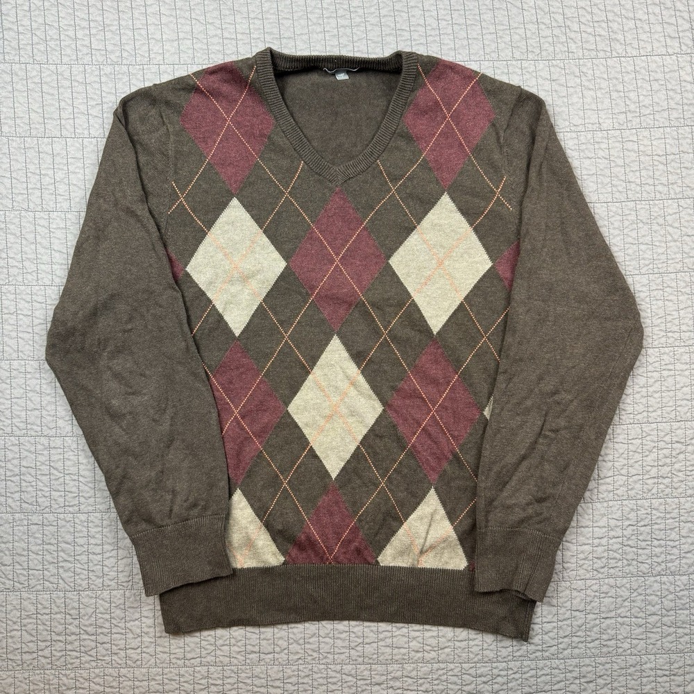 Gap Sweater Men Large Brown Argyle‎ Diamond V Neck Lightweight Preppy Y2K